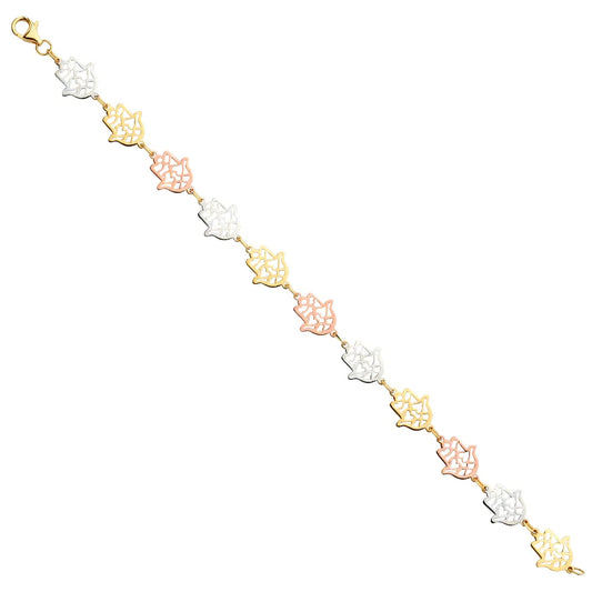 14K Tri-Color Gold Hamsa Link Women's Bracelet Size 7.5"