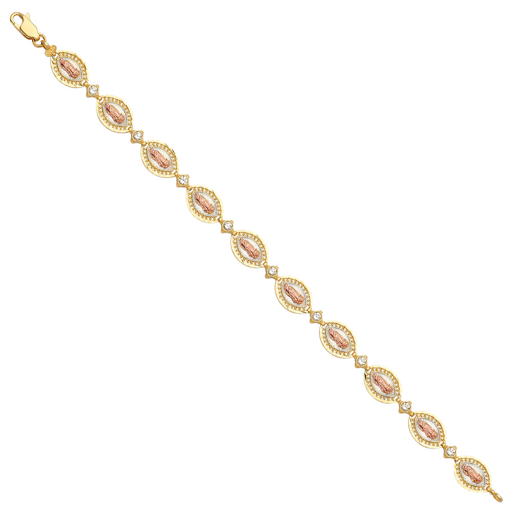 14K Tri-Color Gold Virgen de Guadalupe Marquise Design Bracelet with Cubic Zirconia