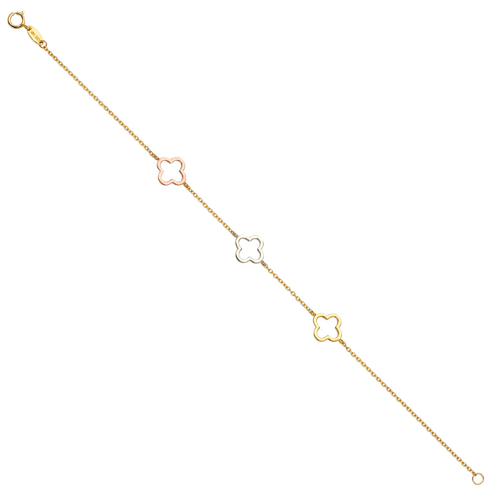 14K Tri-Color Gold Three Clover Link Bracelet