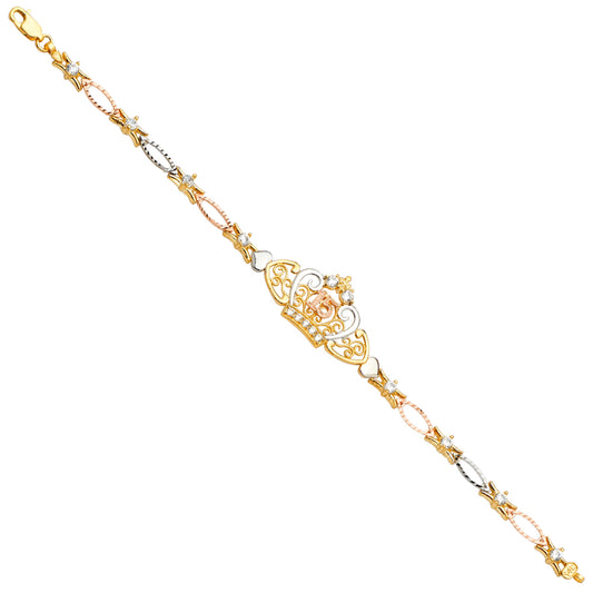 14K Tri-Color Gold Quinceañera Crown Bracelet with Star Link Design and CZ Accents