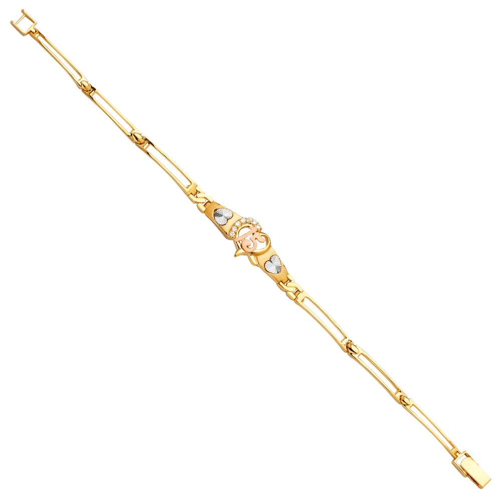 14K Tri-Color Gold Quinceañera Bracelet with Open Heart “15” Centerpiece