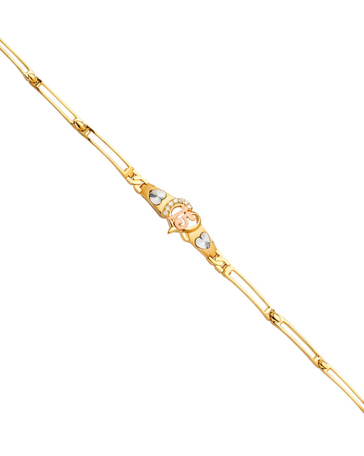 14K Tri-Color Gold Quinceañera Bracelet with Open Heart “15” Centerpiece