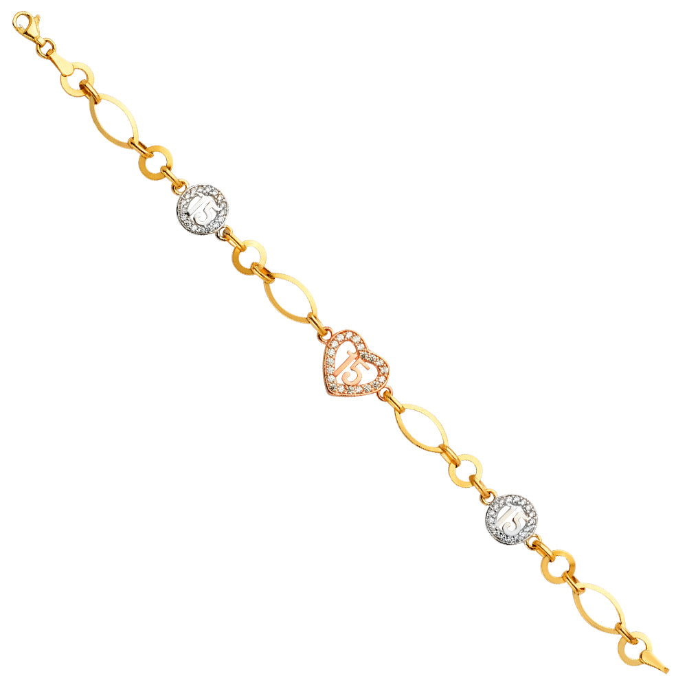 14K Tri-Color Gold Quinceañera Bracelet with Heart and Round “15” Accents