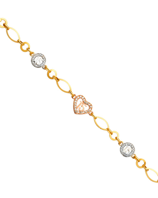 14K Tri-Color Gold Quinceañera Bracelet with Heart and Round “15” Accents