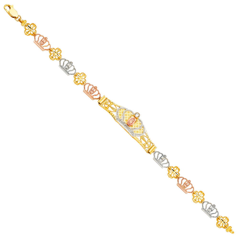 14K Tri-Color Gold Virgen de Guadalupe and Crown Filigree Bracelet with Cubic Zirconia