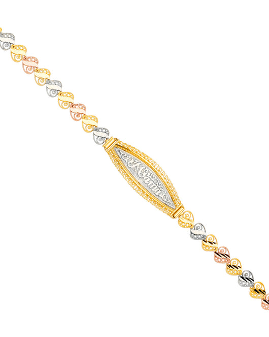 14K Tri-Color Gold Filigree Mother’s Bracelet with Elongated Center Showcasing “Mamá”