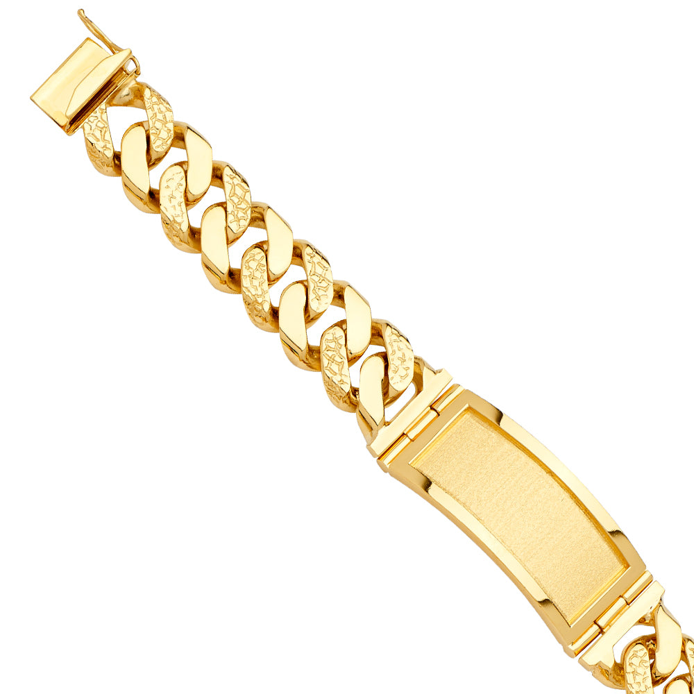 14K Yellow Gold Polished / Nugget  Cuban Link ID Plate Men’s Bracelet 19.5mm Wide