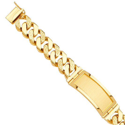 14K Yellow Gold Polished / Nugget  Cuban Link ID Plate Men’s Bracelet 19.5mm Wide
