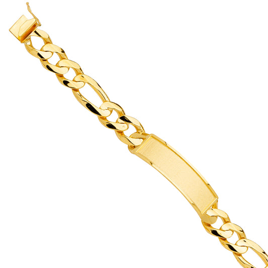 14K Yellow Gold Figaro Link Famed-ID Plate Men’s Bracelet-13mm Wide