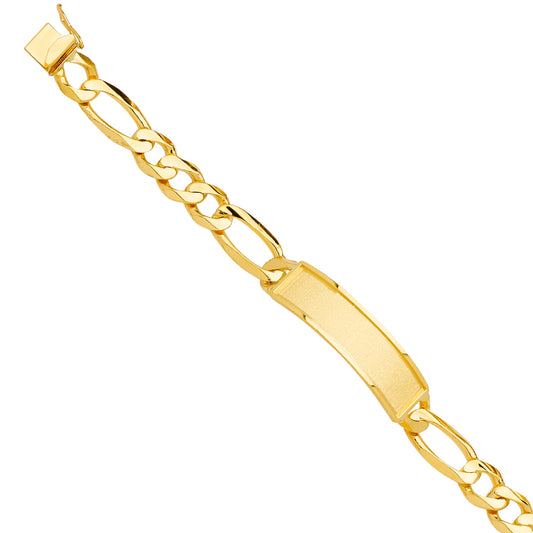 14K Yellow Gold Figaro Link Famed-ID Plate Men’s Bracelet-9mm Wide