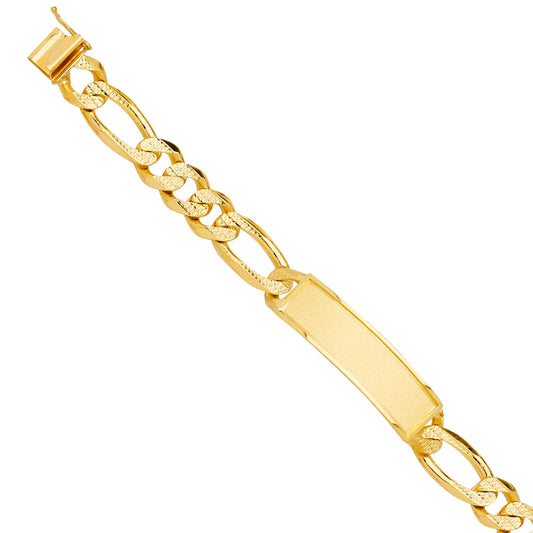 Men’s 14K Yellow Gold Polished/Nugget Figaro Link Famed-ID Plate Bracelet-9mm Wide