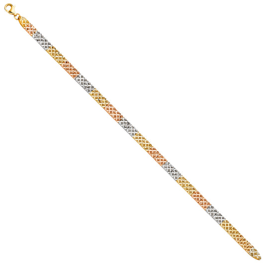 14K Tri-Color Gold Diamond Cut Fancy Link Women's Bracelet size 7.25"