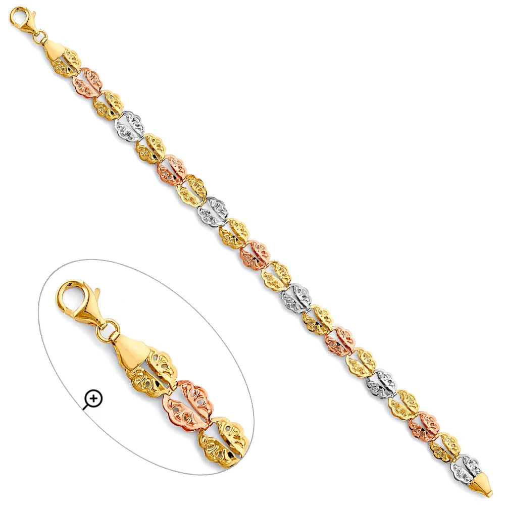 14K Tri-Color Gold Floral Filigree Design Women's Bracelet size 7.5"