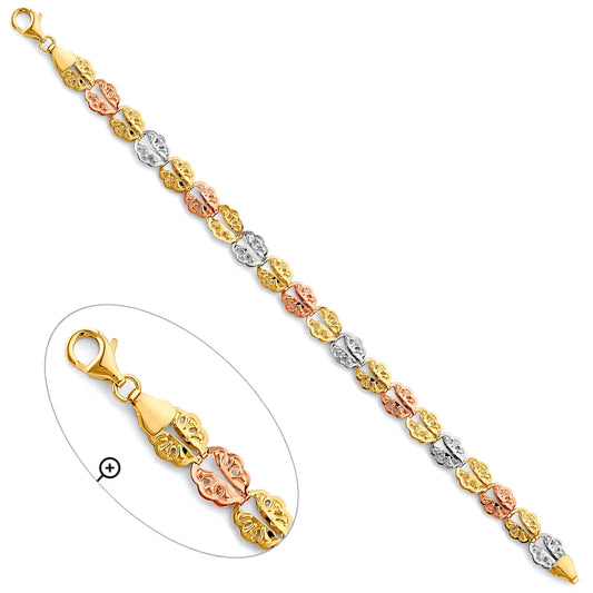 14K Tri-Color Gold Floral Filigree Design Women's Bracelet size 7.5"