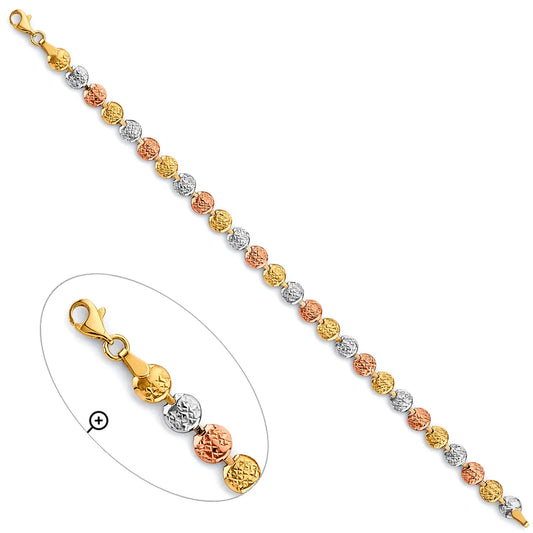 14K Tri-Color Gold Diamond Cut Bead Design Women's Bracelet size 7.5"