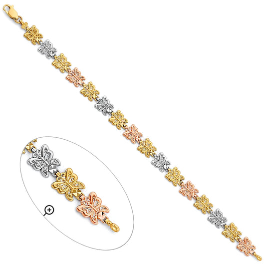 14K Tri-Color Gold Butterfly Filigree Design Women's Bracelet size 7.5"