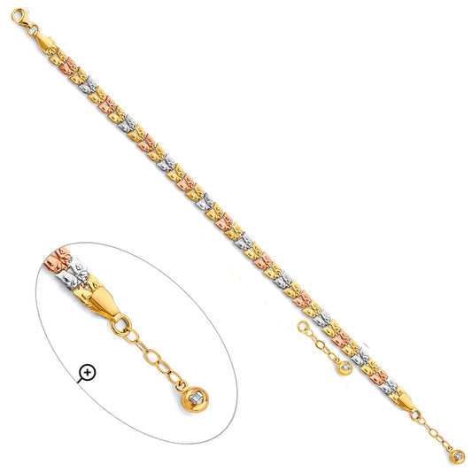 14K Tri-Color Gold Fancy Link Women's Bracelet 7"+1" Extender