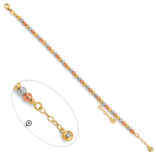 14K Tri-Color Gold Diamond Cut Bead Women's Bracelet 7"+1" Extender