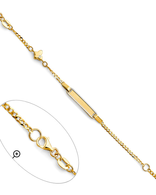 14K Two-Tone Gold Children’s ID Bracelet with Curb Link Chain and Butterfly Charm Accented with Cubic Zirconia