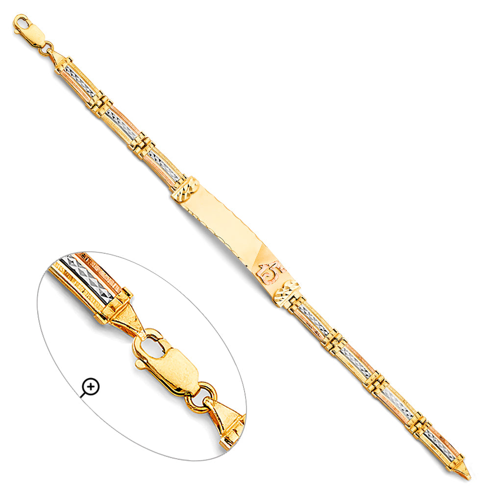 14K Tri-Color Gold Quinceañera Bracelet with Polished ID Plate and Number “15” Accent