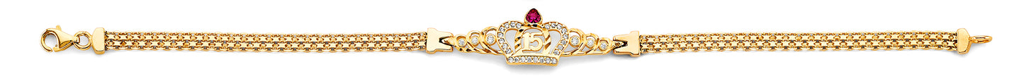 14K Yellow Gold Quinceañera Bracelet with Crown Design, CZ Accents, and Synthetic Ruby