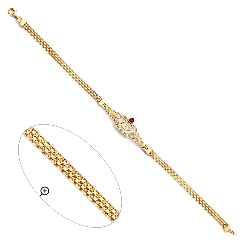 14K Yellow Gold Quinceañera Bracelet with Crown Design, CZ Accents, and Synthetic Ruby