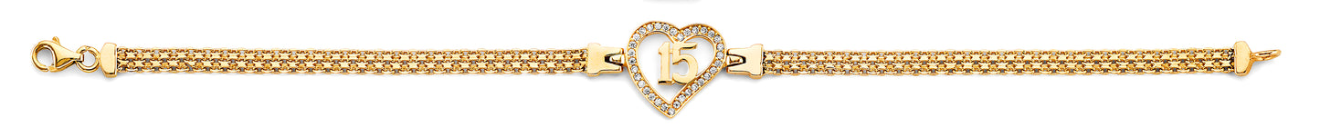 14K Yellow Gold Quinceañera Bracelet with Heart Design and CZ Accents