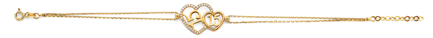 14K Yellow Gold Quinceañera Bracelet with Double Heart Design and CZ Accents