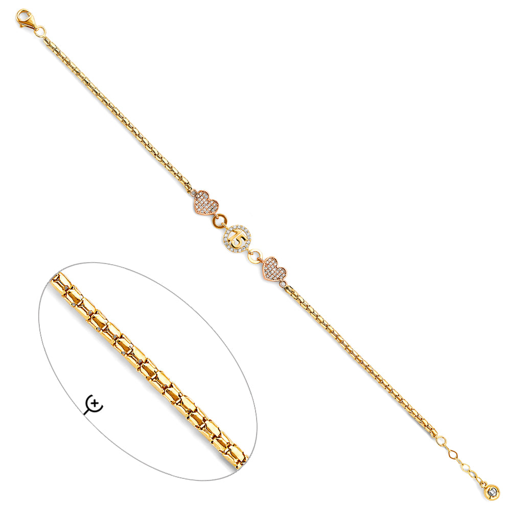 14K Tri-Color Gold Quinceañera Bracelet with CZ Hearts and “15” Centerpiece