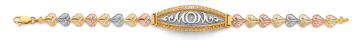 14K Tri-Color Gold Filigree Mother’s Bracelet with Elongated Center Showcasing “MOM”