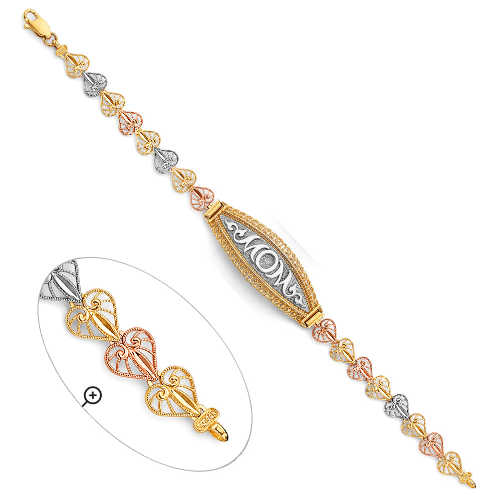 14K Tri-Color Gold Filigree Mother’s Bracelet with Elongated Center Showcasing “MOM”