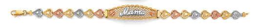 14K Tri-Color Gold Filigree Mother’s Bracelet with Elongated Center Showcasing “Mama”