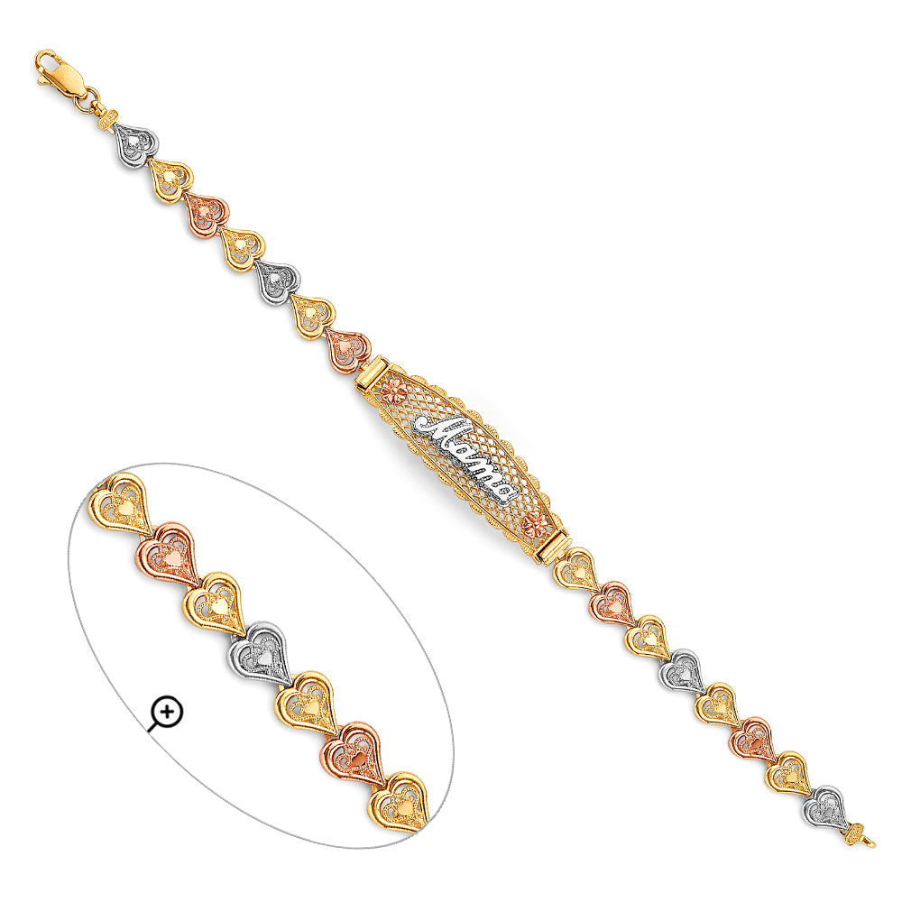 14K Tri-Color Gold Filigree Mother’s Bracelet with Elongated Center Showcasing “Mama”