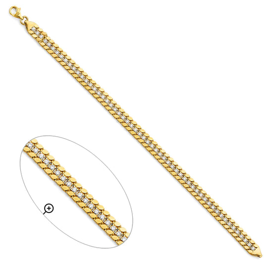 14K Yellow Gold 2-Line CZ Fancy Link Women's Bracelet size 7.5"