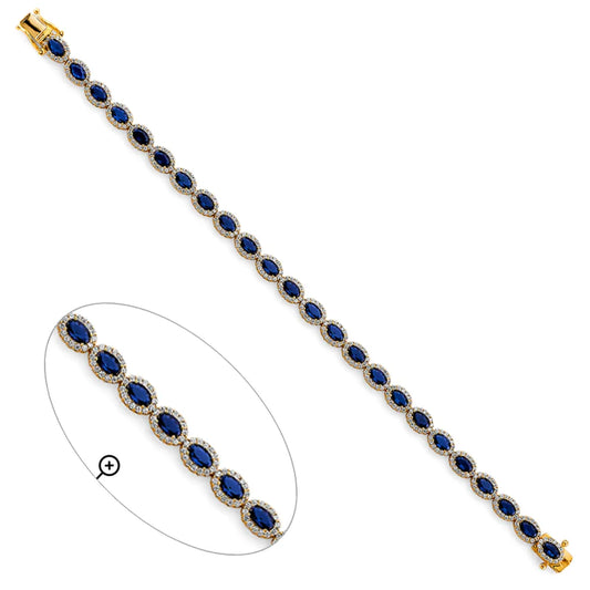 14K Yellow Gold Oval Synthetic Sapphire Blue CZ Halo Women's Bracelet size 7.5"