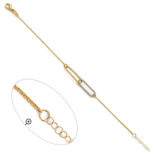 14K Yellow Gold Paperclip Link CZ Chain Bracelet – 7" + 1" Extender