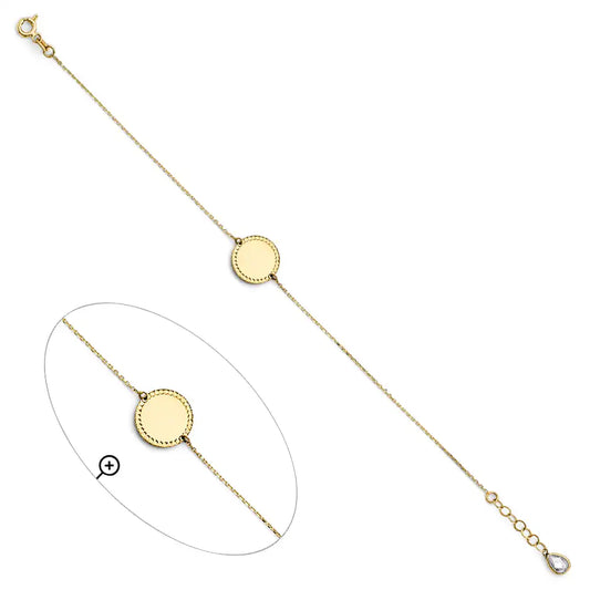 14K Yellow Gold Beaded Edge Disc Chain Bracelet – 7" + 1" Extender