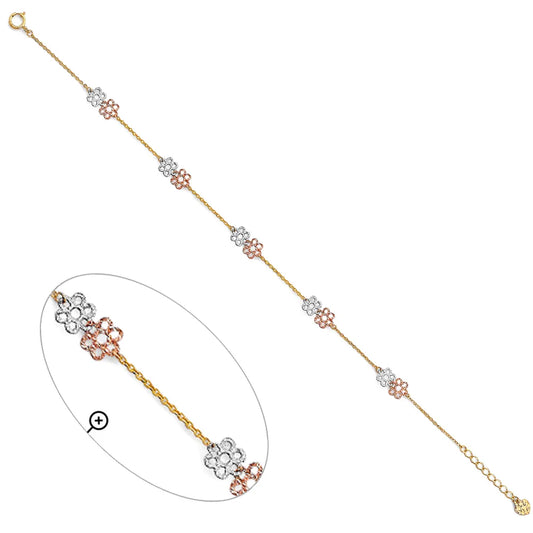 14K Tri-Color Gold 2-Line Flower Filigree Chain Bracelet – 7" + 1" Extender