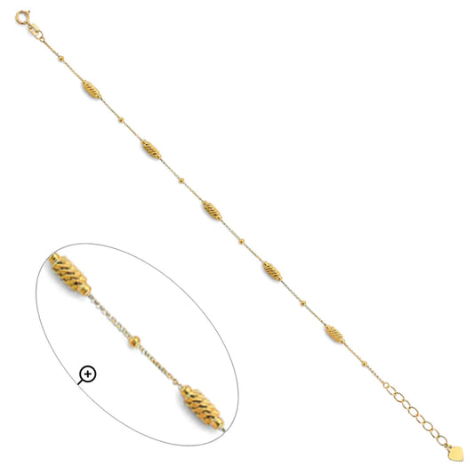 14K Yellow Gold Beaded Barrel Design Chain Bracelet – 7" + 1" Extender