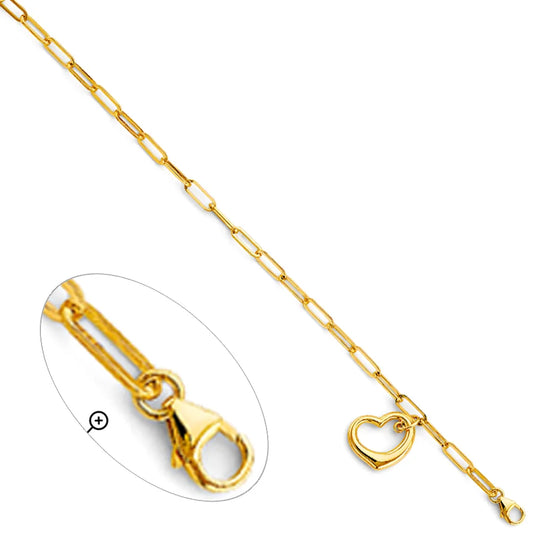 14K Yellow Gold Paperclip Link Heart Charm Women's Bracelet Size 7.5"