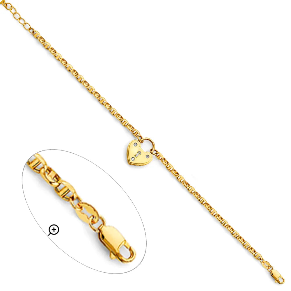 14K Yellow Gold CZ Heart Lock Link Women's Bracelet 7"+1" Extender