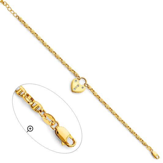14K Yellow Gold CZ Heart Lock Link Women's Bracelet 7"+1" Extender