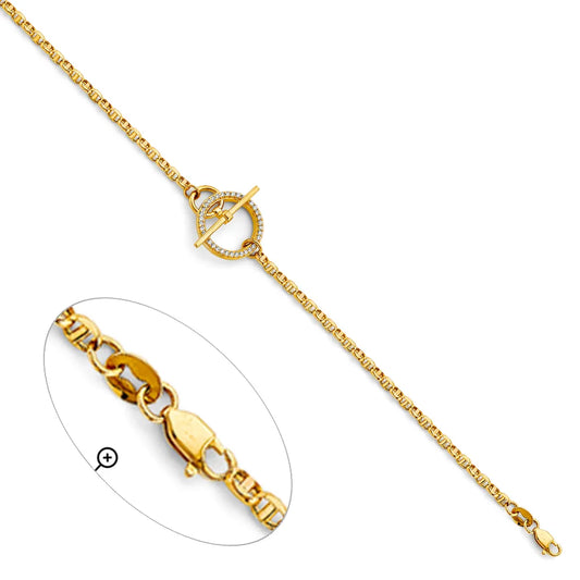 14K Yellow Gold CZ Circle Toggle Clasp Women's Bracelet 7"+1" Extender