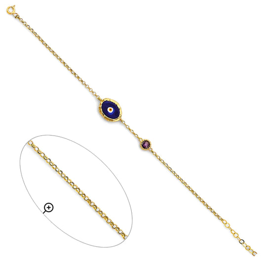 14K Yellow Gold Evil Eye Bracelet with Synthetic Sapphire Blue Enamel & Synthetic Amethyst CZ 7"+1" Extension