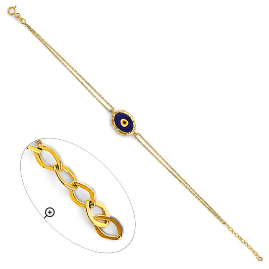 14K Yellow Gold Evil Eye Double Chain Bracelet 7"+1" Extension