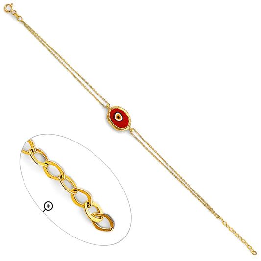 14K Yellow Gold Red Evil Eye Double Chain Bracelet 7"+1" Extension