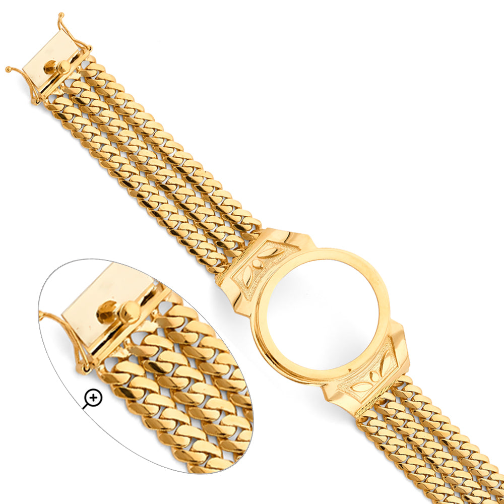 Me's 14K Yellow Gold 3-Line Cuban Link 50 Pesos / Centenario Mexican Coin Bracelet-22mm Wide total width of the combined chains (Coin Sold Separately)