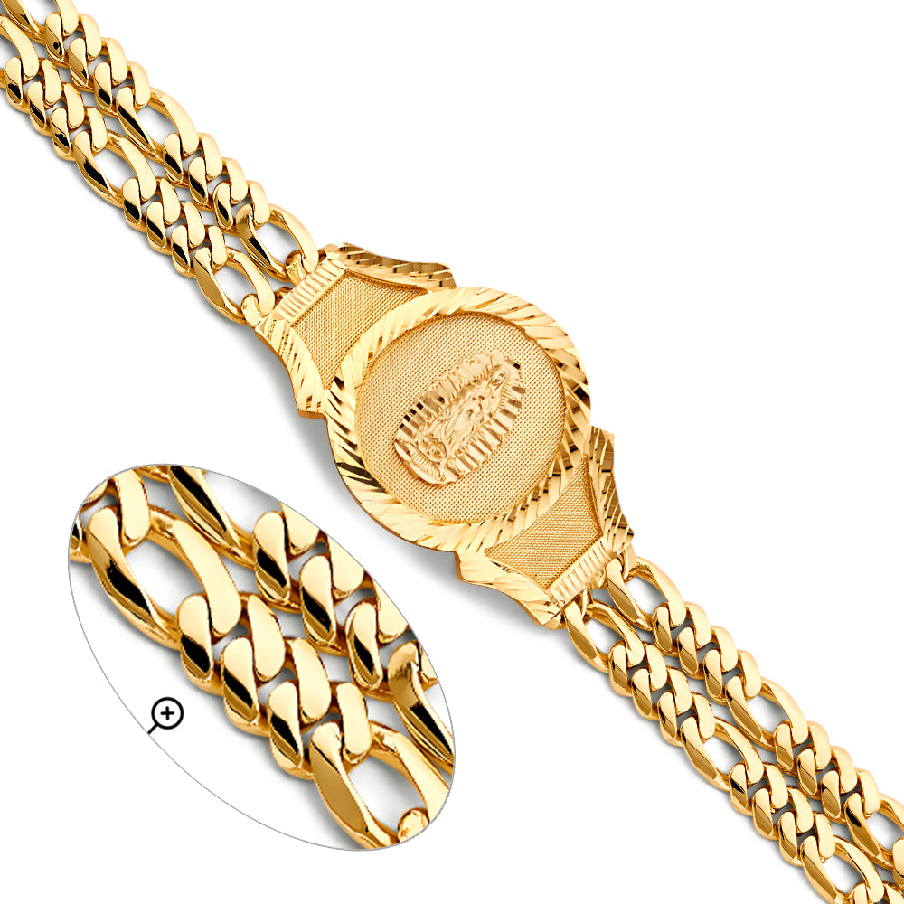 14K Yellow Gold Men's Virgen de Guadalupe 2-Line Firgaro Link Bracelet-15mm Wide total width of the combined chains