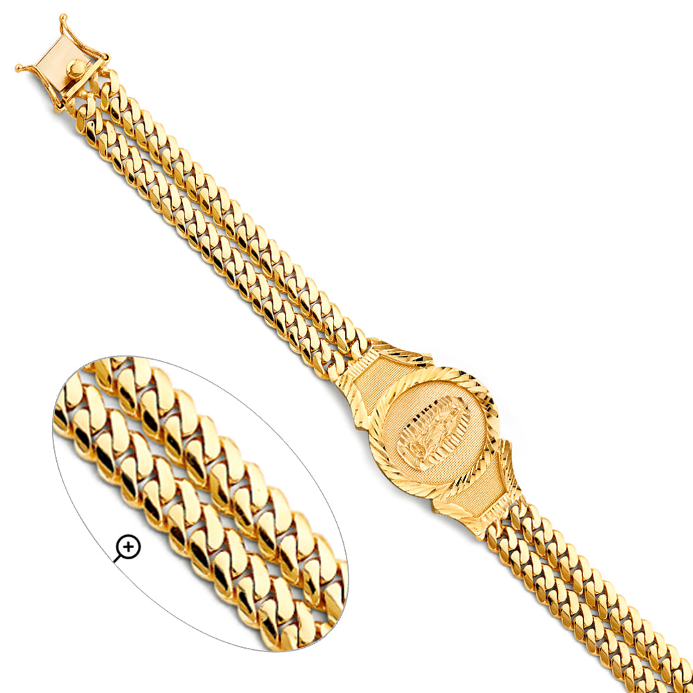 14K Yellow Gold Men's Virgen de Guadalupe 2-Line Curb Link Bracelet-14mm Wide total width of the combined chains