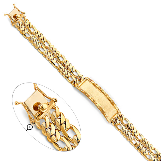 14K Yellow Gold Men’s 2-Line ID Plate Figaro Link Bracelet-13.5mm Wide total width of the combined chains